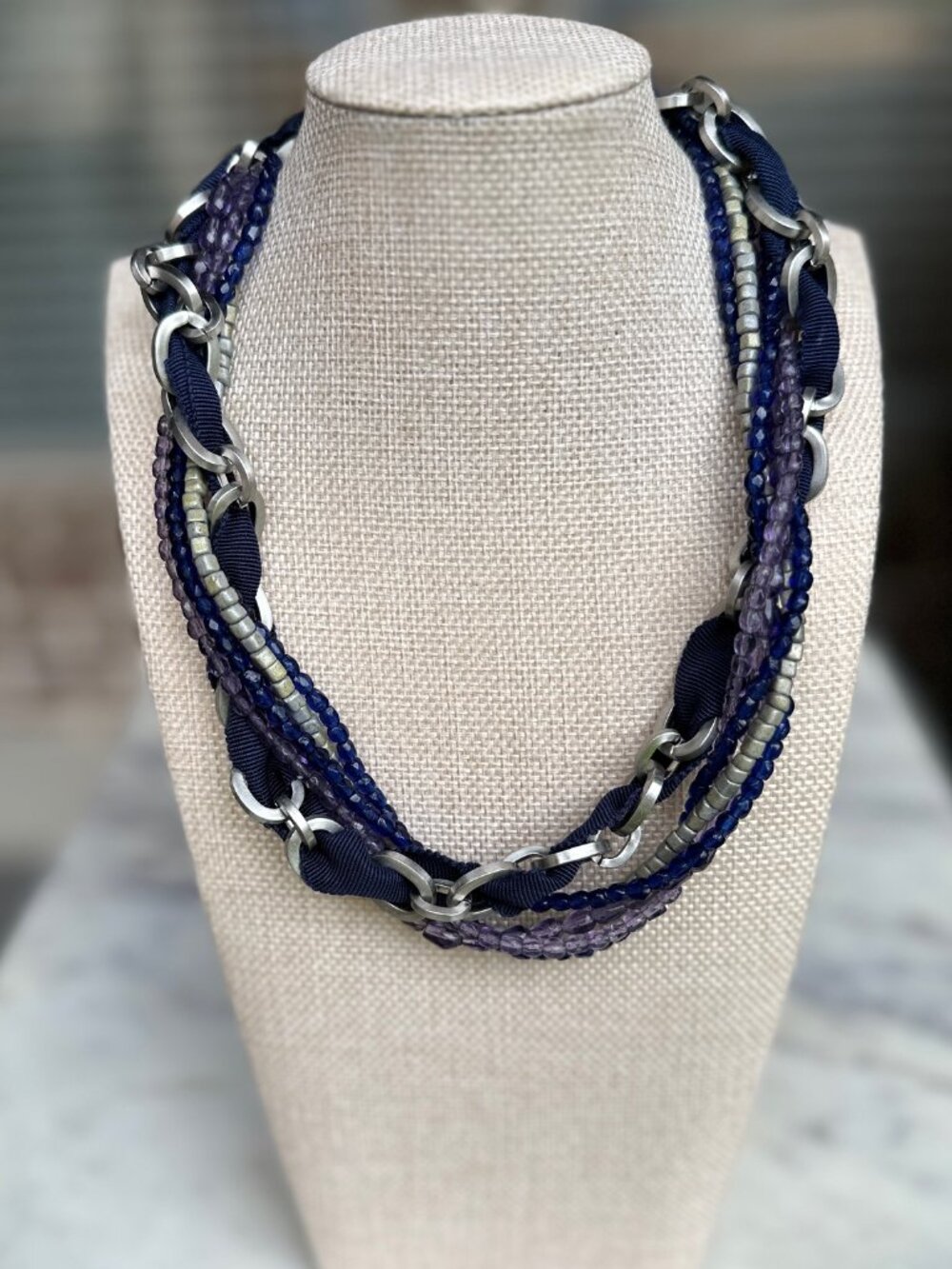Boden Vintage Multi Strand Necklace Ribbon Beads Blue Purple Silver Tone Chain
